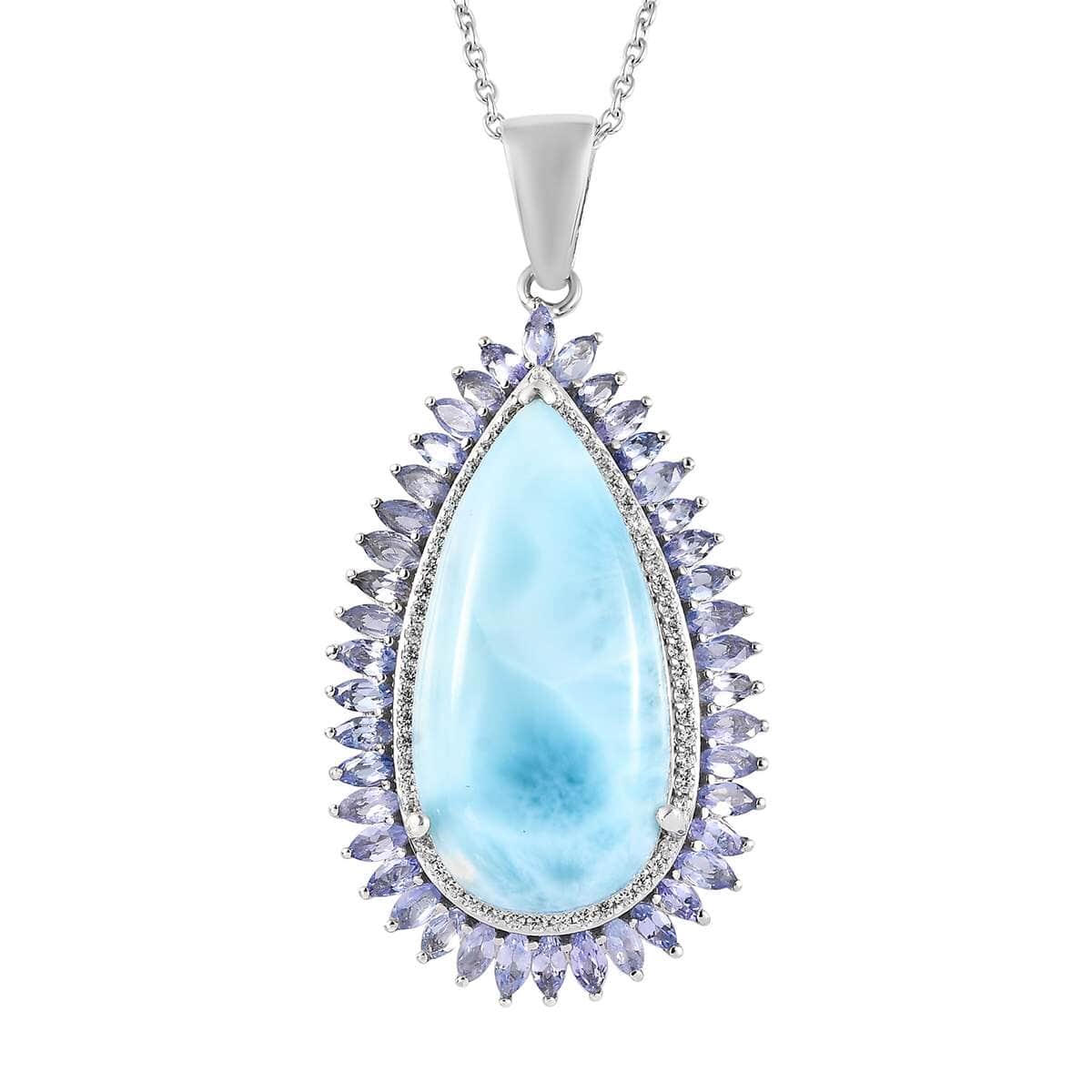 Larimar and Multi Gemstone Double Halo Pendant Necklace 20 Inches in Platinum Over Sterling Silver 31.35 ctw image number 0