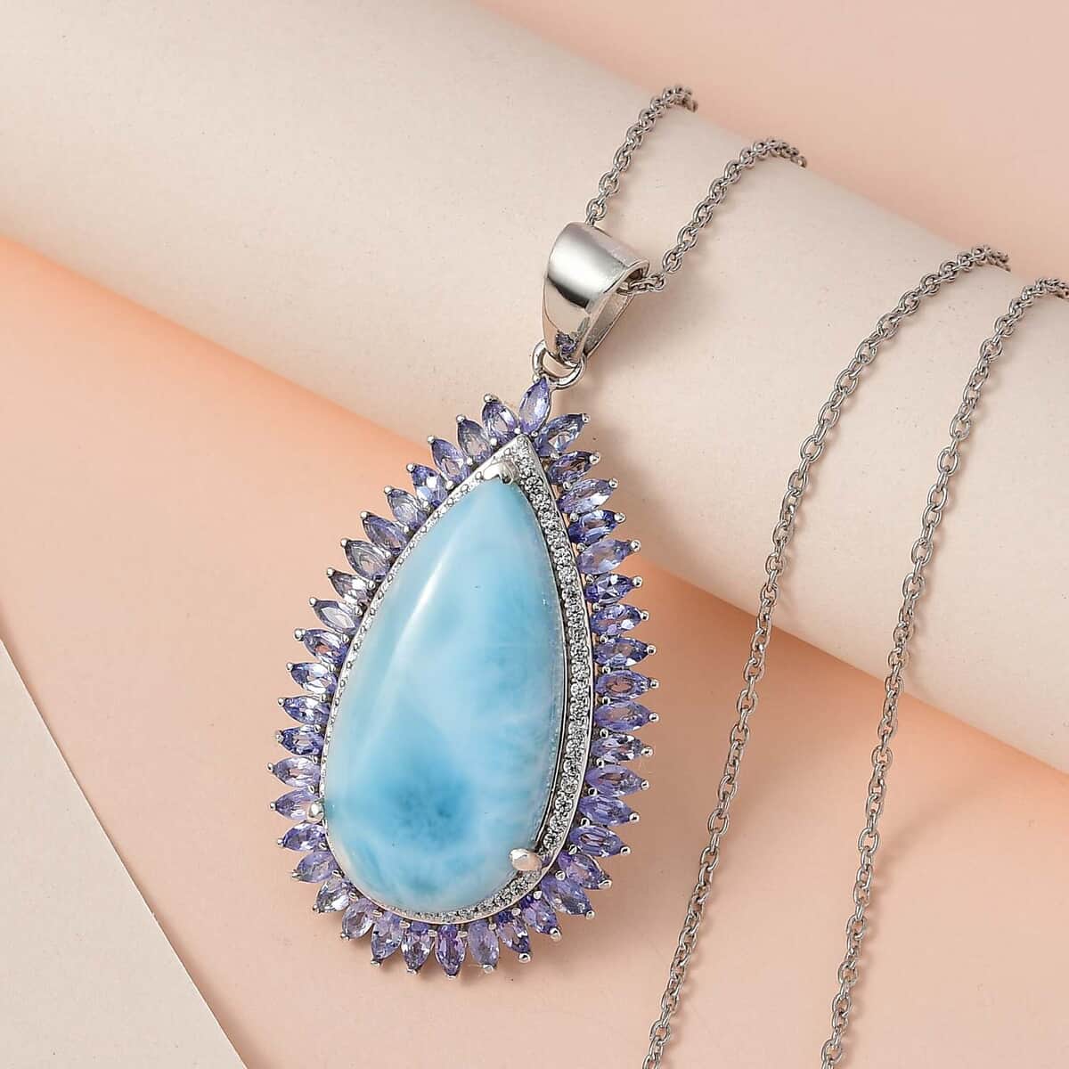 Larimar and Multi Gemstone Double Halo Pendant Necklace 20 Inches in Platinum Over Sterling Silver 31.35 ctw image number 1