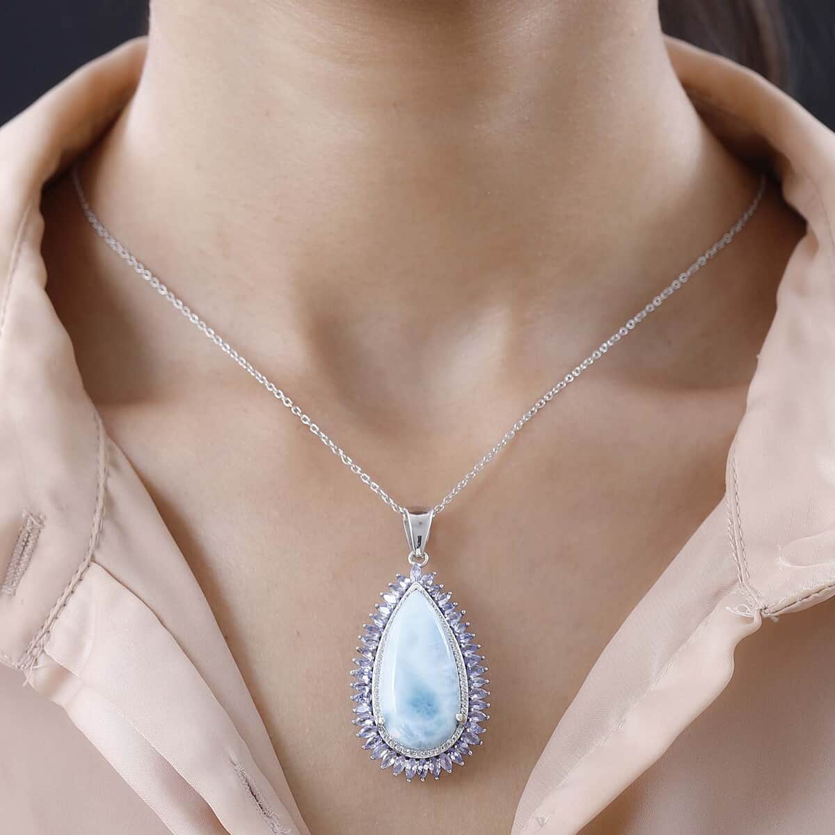 Larimar and Multi Gemstone Double Halo Pendant Necklace 20 Inches in Platinum Over Sterling Silver 31.35 ctw image number 2