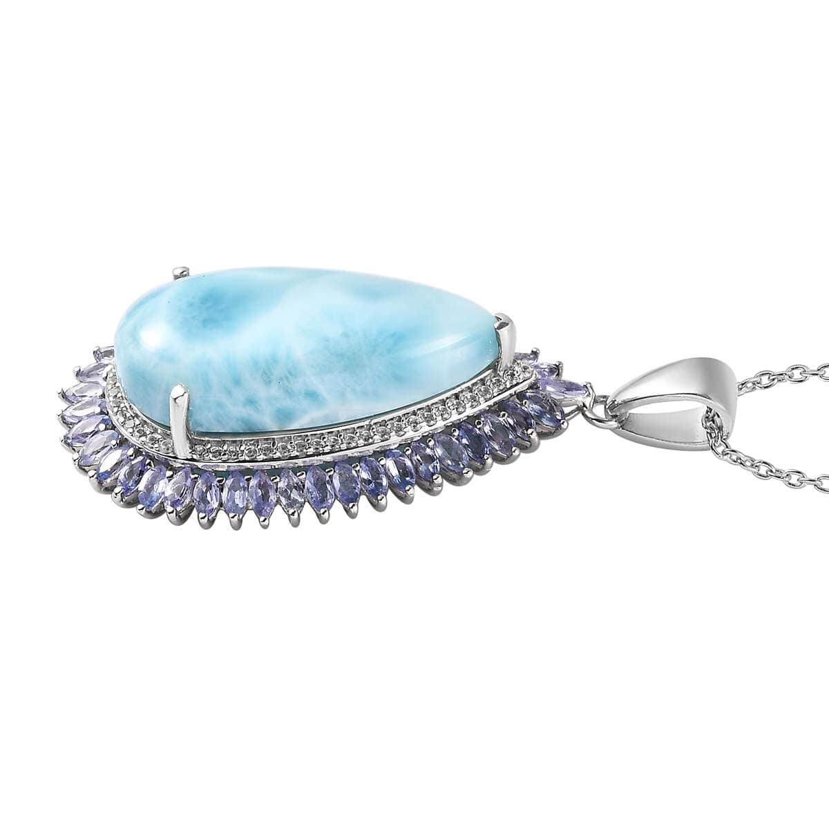 Larimar and Multi Gemstone Double Halo Pendant Necklace 20 Inches in Platinum Over Sterling Silver 31.35 ctw image number 3