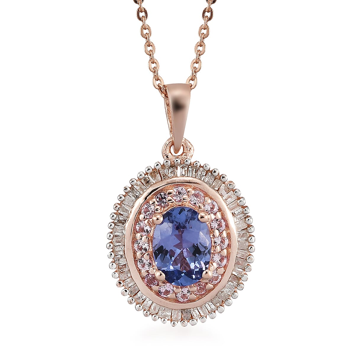 Tanzanite, Madagascar Pink Sapphire and Diamond Pendant Necklace 20 Inches in Vermeil Rose Gold Over Sterling Silver 1.50 ctw