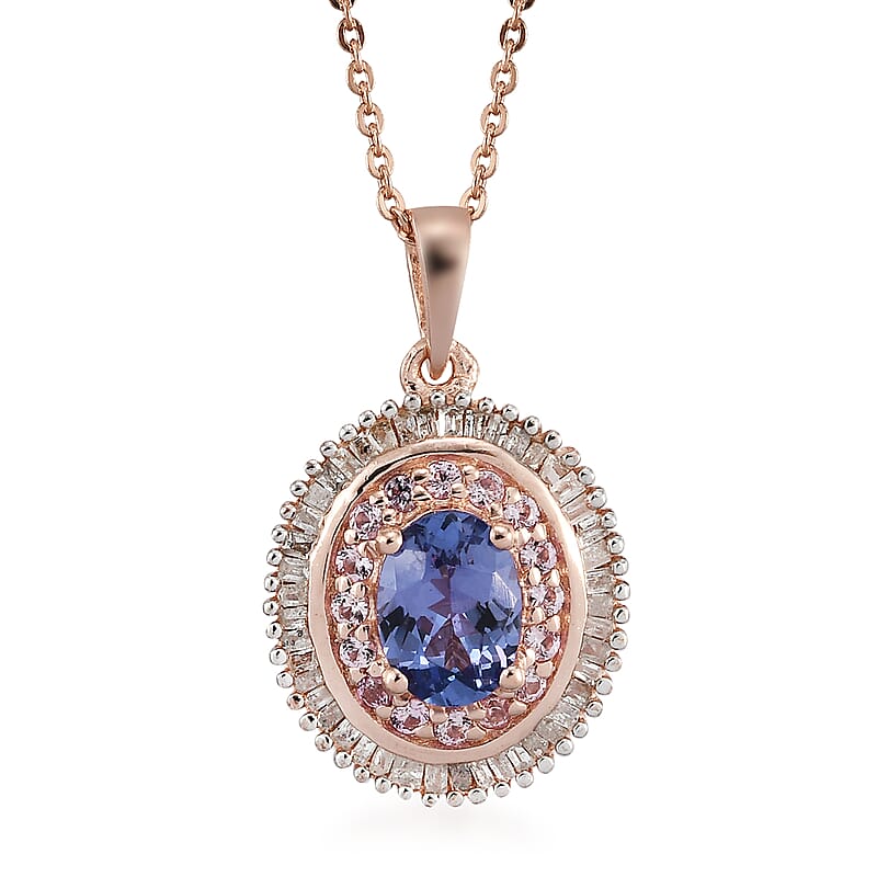 Tanzanite, Madagascar Pink Sapphire and Diamond Pendant Necklace 20 Inches in Vermeil Rose Gold Over Sterling Silver 1.50 ctw