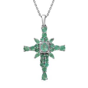 Premium Kagem Zambian Emerald 2.20 ctw Cross Pendant Necklace in Platinum Over Sterling Silver 19 Inches
