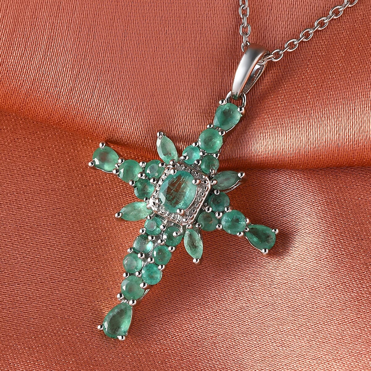 Premium Kagem Zambian Emerald 2.20 ctw Cross Pendant Necklace in Platinum Over Sterling Silver 19 Inches image number 1