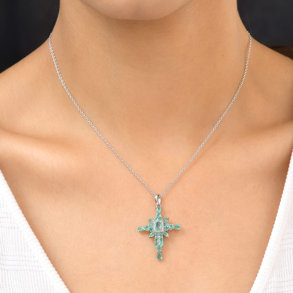 Premium Kagem Zambian Emerald 2.20 ctw Cross Pendant Necklace in Platinum Over Sterling Silver 19 Inches image number 2