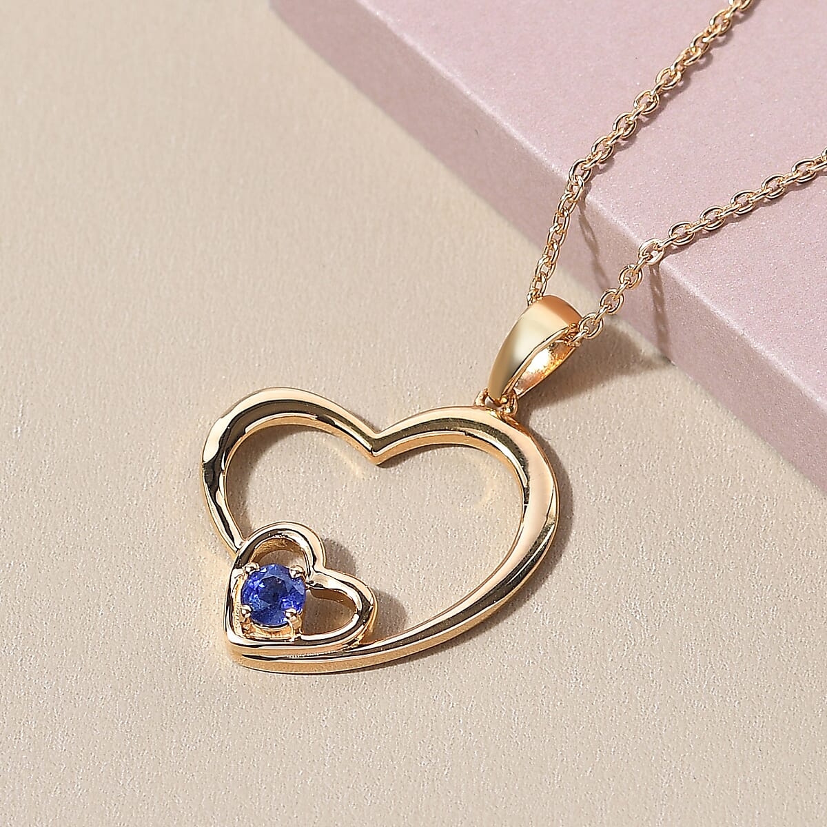 Masoala Sapphire Mom & Child Double Heart Pendant Necklace 20 Inches in Vermeil Yellow Gold Over Sterling Silver 0.40 ctw image number 1