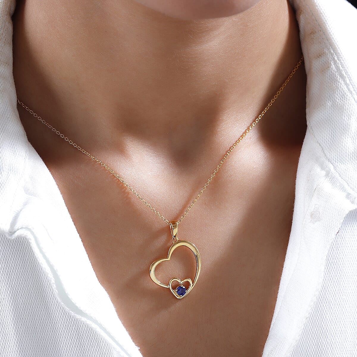 Masoala Sapphire Mom & Child Double Heart Pendant Necklace 20 Inches in Vermeil Yellow Gold Over Sterling Silver 0.40 ctw image number 2