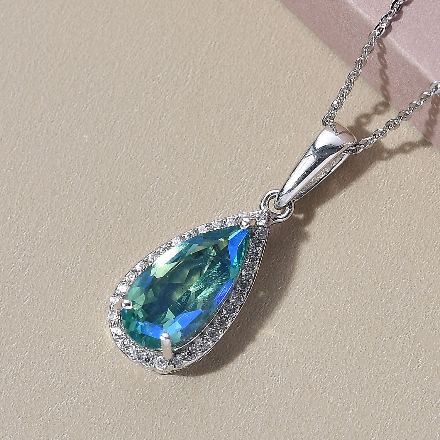 Peacock Quartz (Triplet) and Natural White Zircon Halo Pendant Necklace 20 Inches in Platinum Over Sterling Silver 3.40 ctw