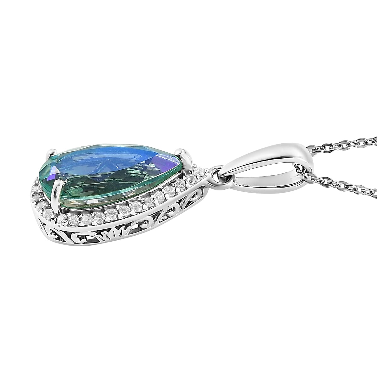 Peacock Quartz (Triplet) and Natural White Zircon Halo Pendant Necklace 20 Inches in Platinum Over Sterling Silver 3.40 ctw
