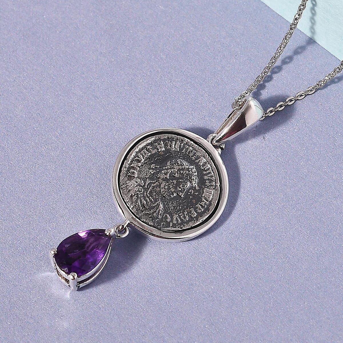 GP Roman Coin - Miracle Glow Collection Amethyst Coin Pendant Necklace 20 Inches in Platinum Over Sterling Silver 1.15 ctw image number 1