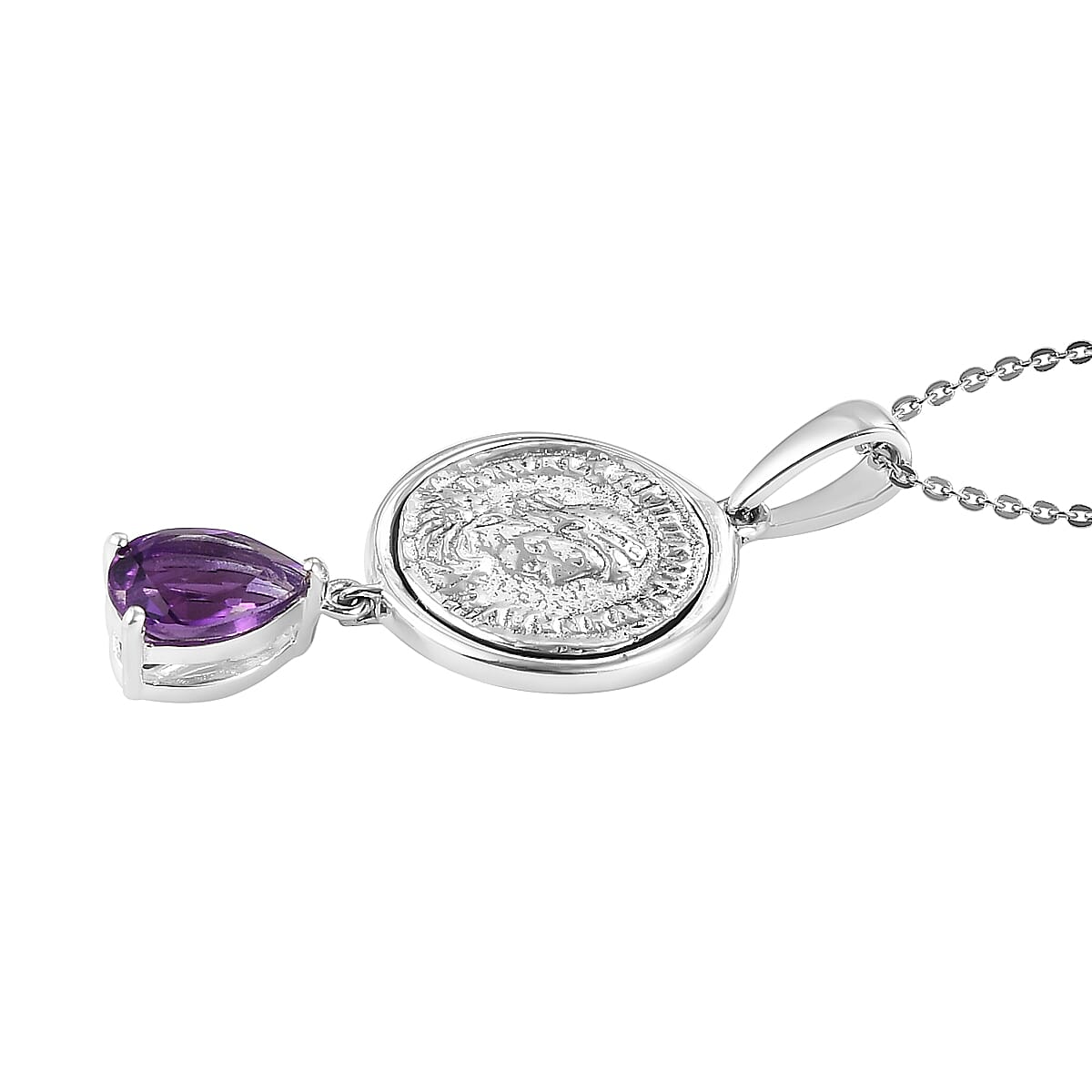 GP Roman Coin - Miracle Glow Collection Amethyst Coin Pendant Necklace 20 Inches in Platinum Over Sterling Silver 1.15 ctw image number 3