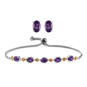 KARIS Amethyst Stud Earrings and Bolo Bracelet in Platinum Bond and Stainless Steel 2.85 ctw