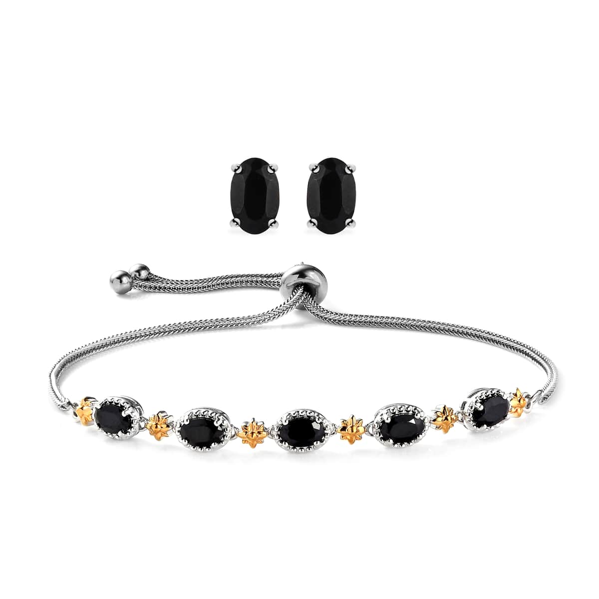 Karis Thai Black Spinel Solitaire Stud Earrings and Bolo Bracelet in 18K YG Plated, Platinum Bond and Stainless Steel 4.90 ctw image number 0