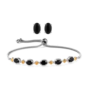 Karis Thai Black Spinel Solitaire Stud Earrings and Bolo Bracelet in 18K YG Plated, Platinum Bond and Stainless Steel 4.90 ctw