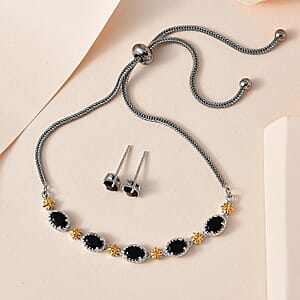 Karis Thai Black Spinel 4.90 ctw Solitaire Stud Earrings and Bolo Bracelet in 18K YG Plated, Platinum Bond and Stainless Steel