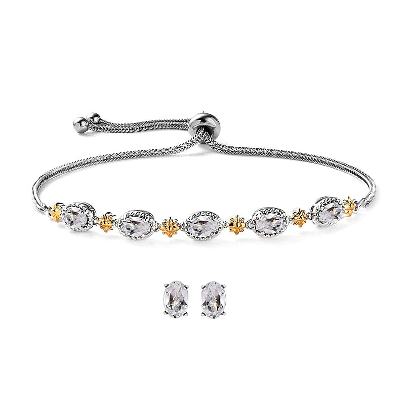 Karis White Topaz 3.65 ctw Solitaire Stud Earrings and Bolo Bracelet in 18K YG Plated, Platinum Bond and Stainless Steel