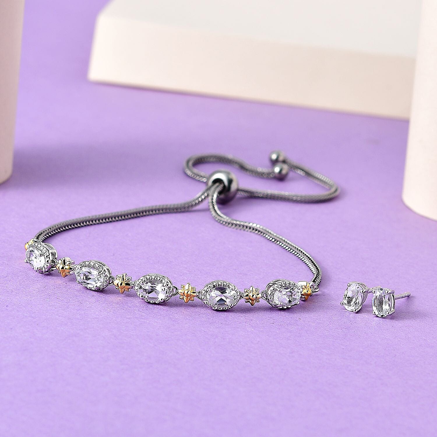 Karis White Topaz 3.65 ctw Solitaire Stud Earrings and Bolo Bracelet in 18K YG Plated, Platinum Bond and Stainless Steel