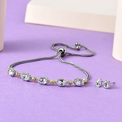 Karis White Topaz 3.65 ctw Solitaire Stud Earrings and Bolo Bracelet in 18K YG Plated, Platinum Bond and Stainless Steel