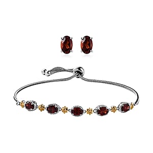 Karis Mozambique Garnet 4.10 ctw Solitaire Stud Earrings and Bolo Bracelet in 18K YG Plated, Platinum Bond and Stainless Steel