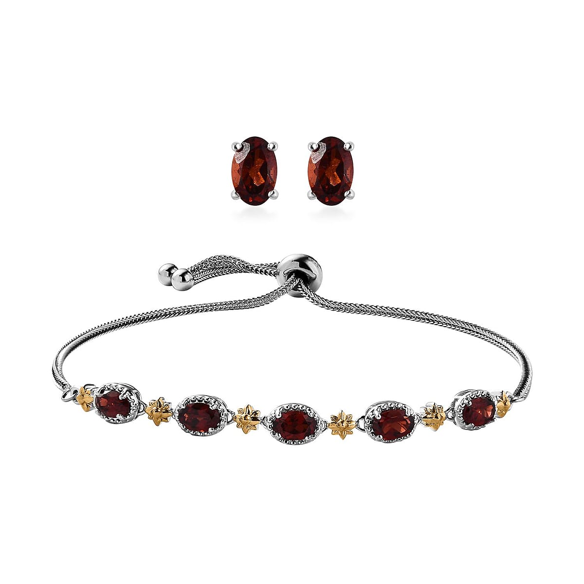 Karis Mozambique Garnet Solitaire Stud Earrings and Bolo Bracelet in 18K YG Plated, Platinum Bond and Stainless Steel 4.10 ctw image number 0