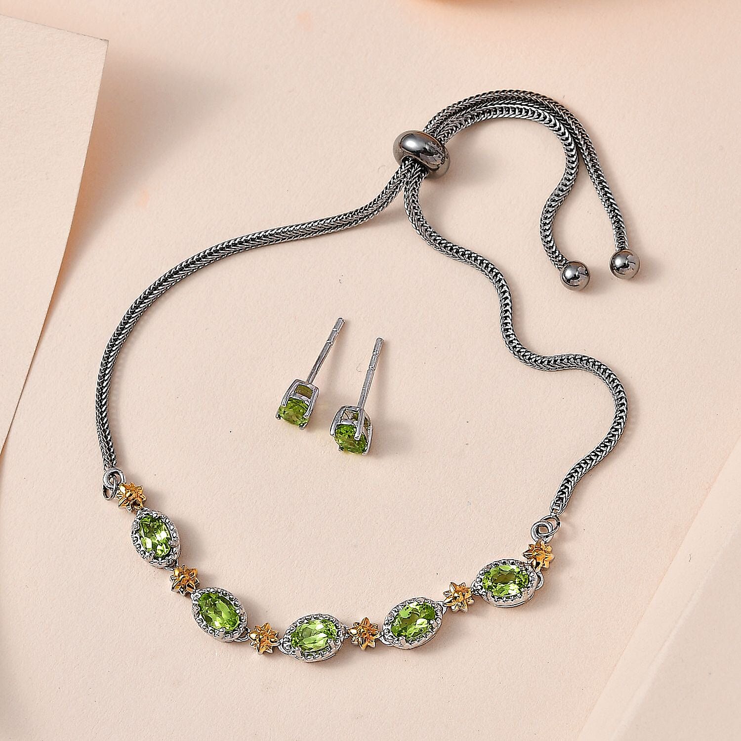 Karis Peridot 3.60 ctw Stud Earrings and Bolo Bracelet in 18K YG Plated, Platinum Bond and Stainless Steel