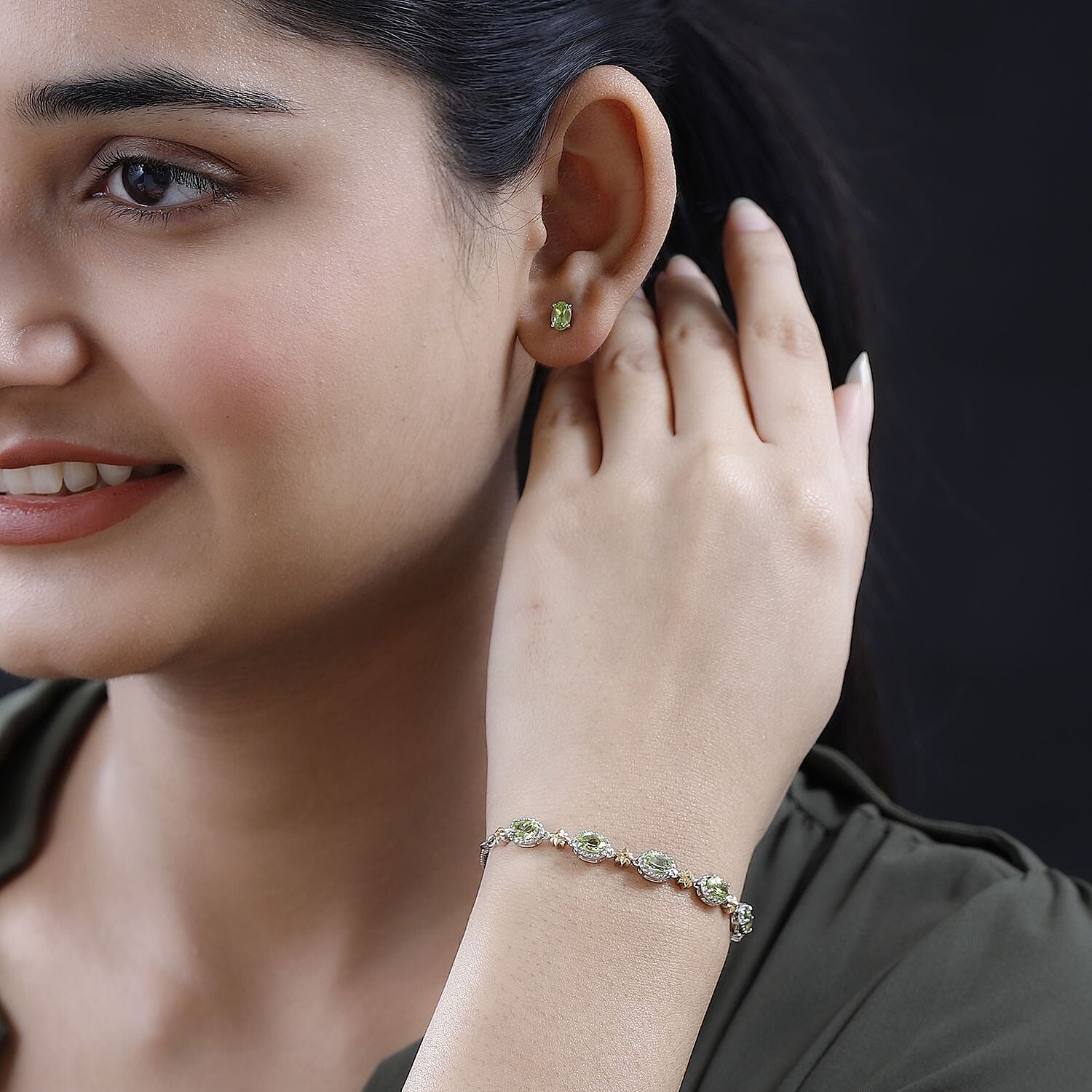 Karis Peridot 3.60 ctw Stud Earrings and Bolo Bracelet in 18K YG Plated, Platinum Bond and Stainless Steel