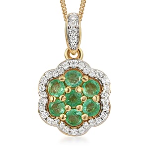 Boyaca Colombian Emerald and Natural White Zircon Floral Pendant Necklace 20 Inches in Vermeil Yellow Gold and Platinum Over Sterling Silver 1.10 ctw