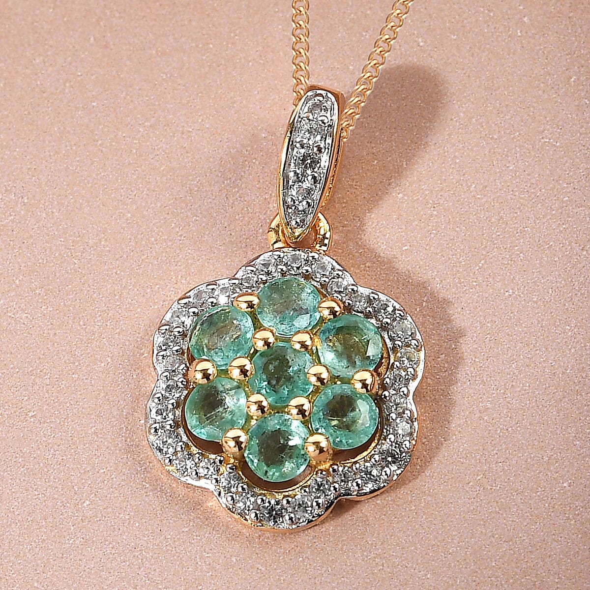 Boyaca Colombian Emerald and Natural White Zircon Floral Pendant Necklace 20 Inches in Vermeil Yellow Gold and Platinum Over Sterling Silver 1.10 ctw image number 1