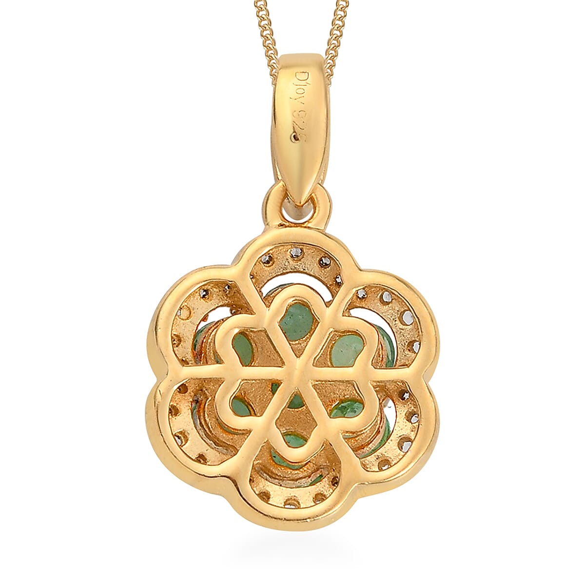 Boyaca Colombian Emerald and Natural White Zircon Floral Pendant Necklace 20 Inches in Vermeil Yellow Gold and Platinum Over Sterling Silver 1.10 ctw image number 3