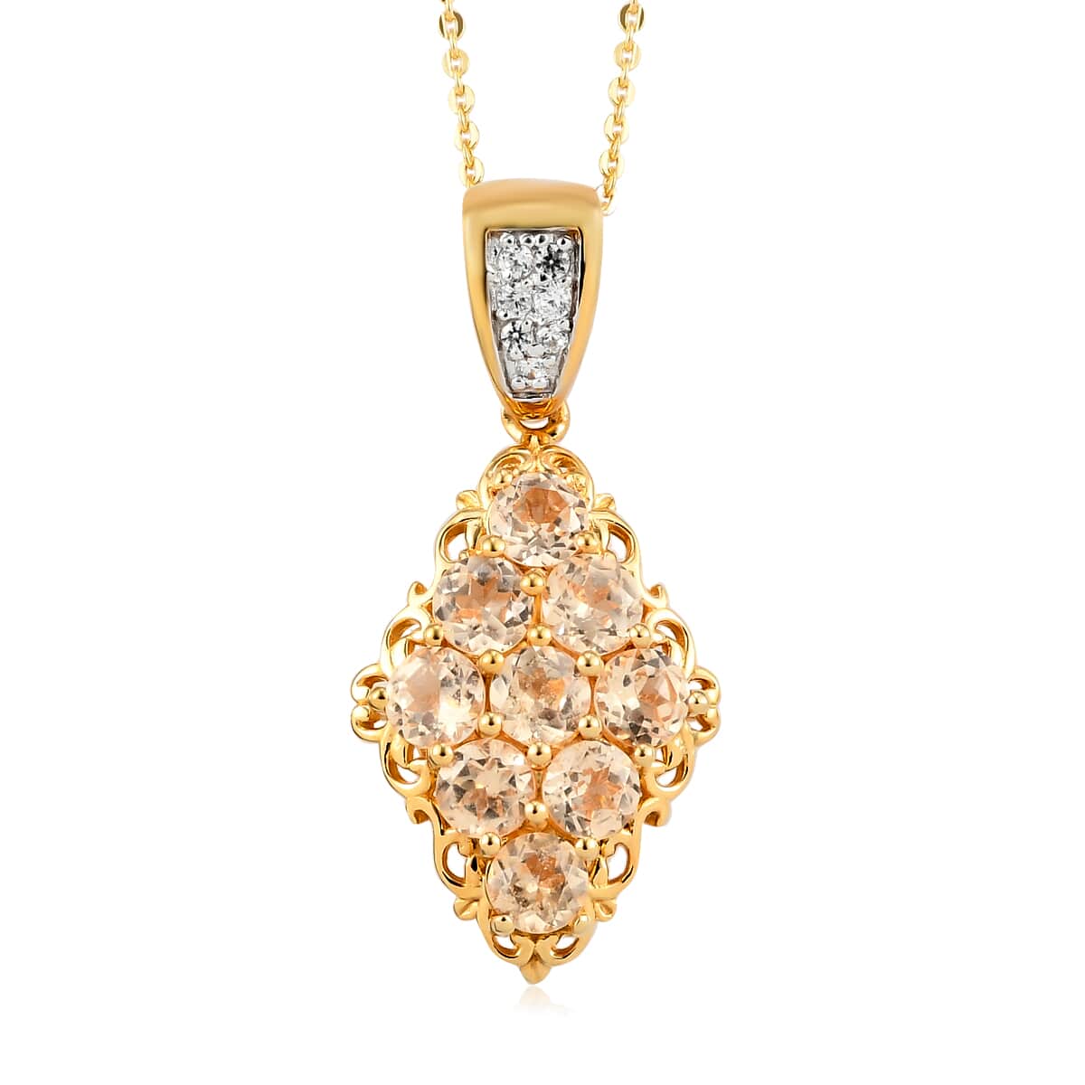 Ceylon Imperial Garnet and Natural White Zircon Elongated Pendant Necklace 20 Inches in Vermeil Yellow Gold Over Sterling Silver 3.00 ctw image number 0