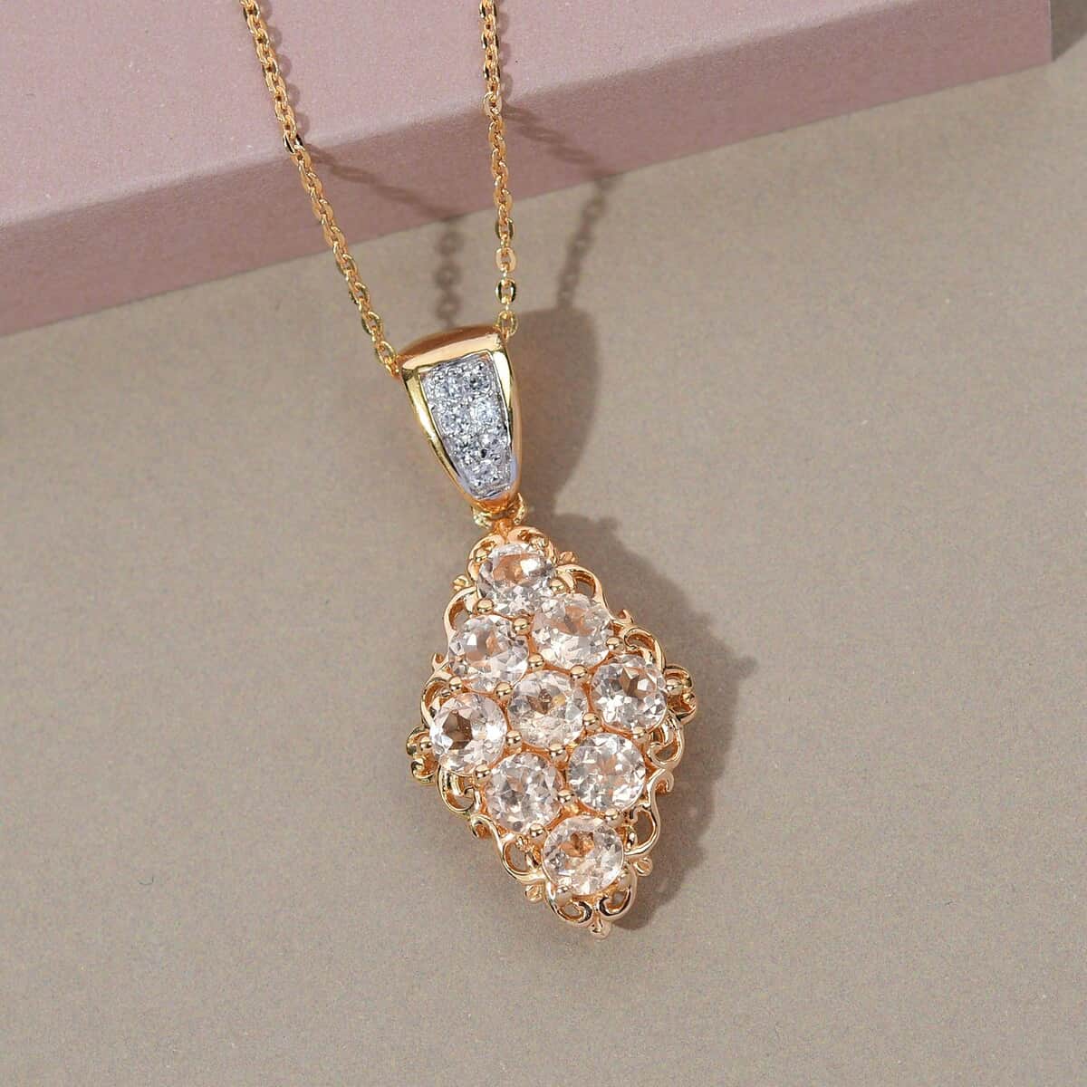 Ceylon Imperial Garnet and Natural White Zircon Elongated Pendant Necklace 20 Inches in Vermeil Yellow Gold Over Sterling Silver 3.00 ctw image number 1