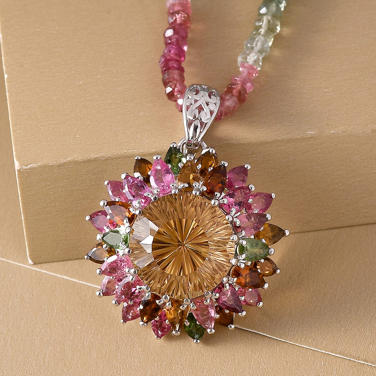 Hanabi Cut Brazilian Citrine and Multi Tourmaline Firework Pendant with Beaded Necklace 20 Inches in Platinum Over Sterling Silver 52.30 ctw image number 1