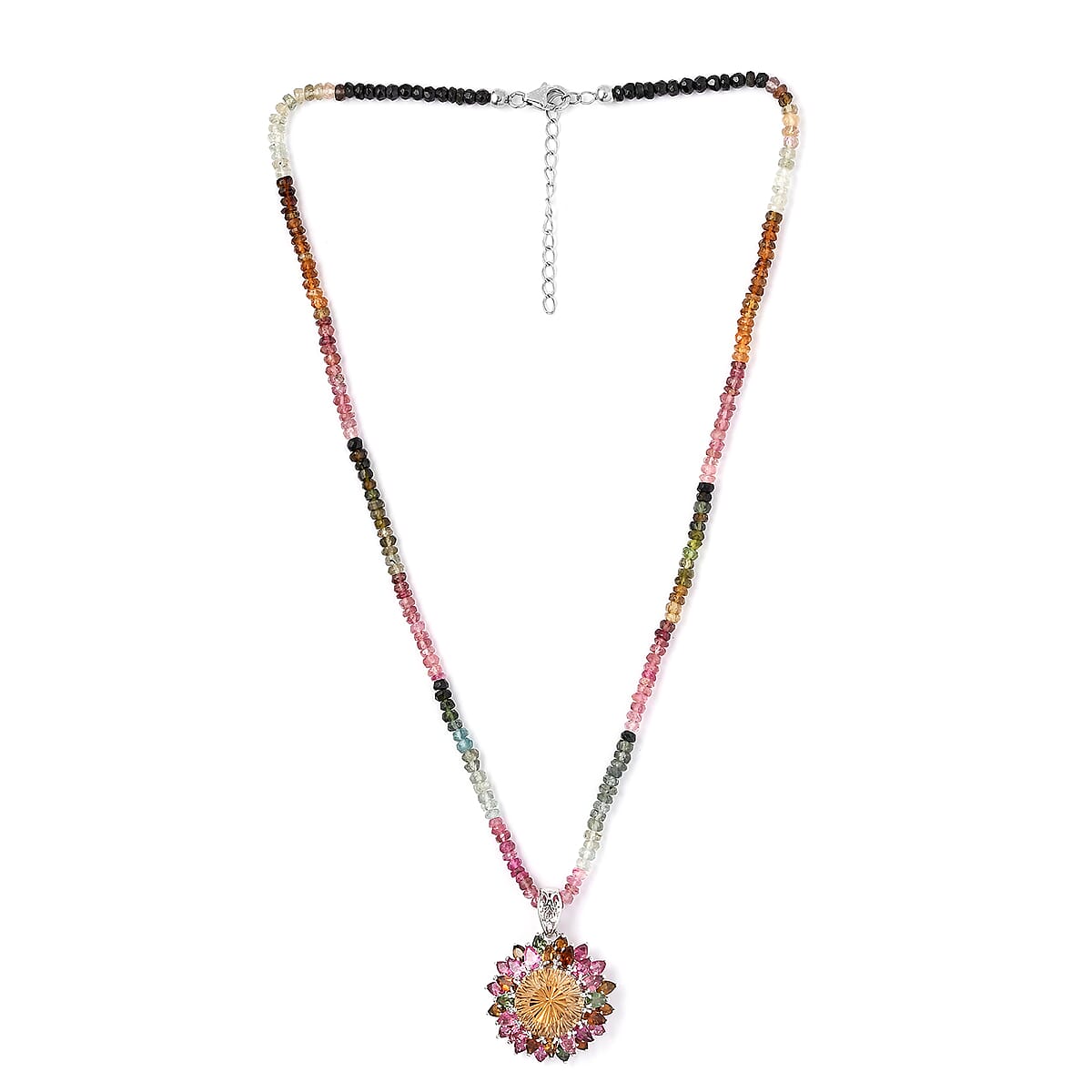 Hanabi Cut Brazilian Citrine and Multi Tourmaline Firework Pendant with Beaded Necklace 20 Inches in Platinum Over Sterling Silver 52.30 ctw image number 2