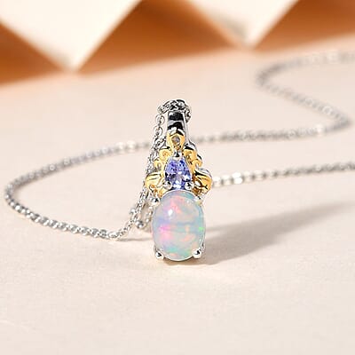 Premium Ethiopian Welo Opal and Tanzanite Pendant Necklace in Vermeil YG and Platinum Over Sterling Silver, Opal Jewelry, 20 Inch Pendant Necklace, Gift For Her 1.00 ctw