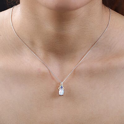 Premium Ethiopian Welo Opal and Tanzanite Pendant Necklace in Vermeil YG and Platinum Over Sterling Silver, Opal Jewelry, 20 Inch Pendant Necklace, Gift For Her 1.00 ctw