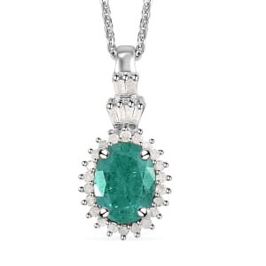 AAA Kagem Zambian Emerald and Diamond Ballerina Halo Pendant Necklace 20 Inches in Platinum Over Sterling Silver 1.35 ctw