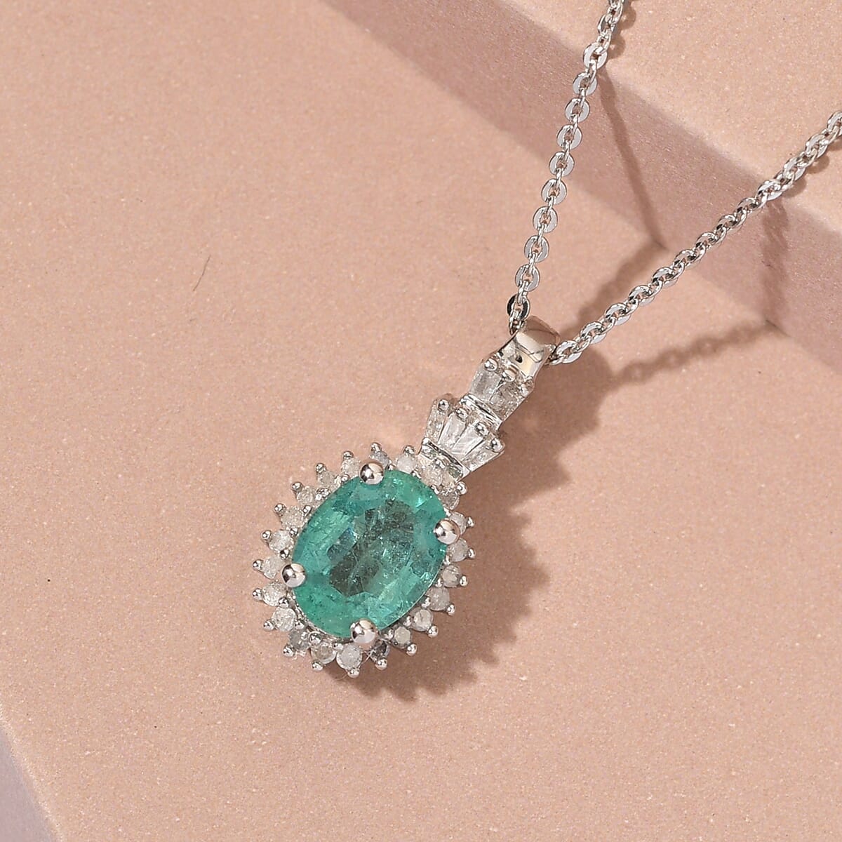 AAA Kagem Zambian Emerald and Diamond Ballerina Halo Pendant Necklace 20 Inches in Platinum Over Sterling Silver 1.35 ctw image number 1