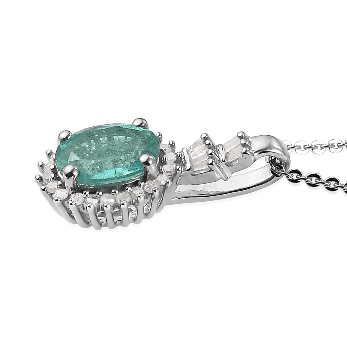 AAA Kagem Zambian Emerald and Diamond Ballerina Halo Pendant Necklace 20 Inches in Platinum Over Sterling Silver 1.35 ctw image number 3