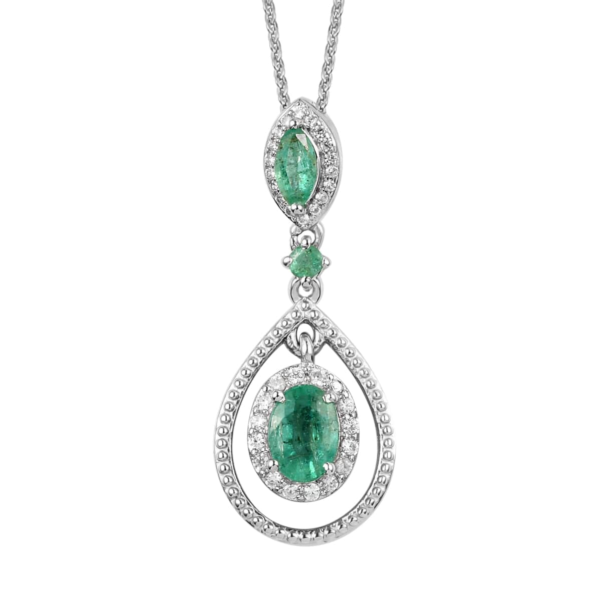 AAA Kagem Zambian Emerald and Natural White Zircon Pendant Necklace 20 Inches in Platinum Over Sterling Silver 1.25 ctw image number 0