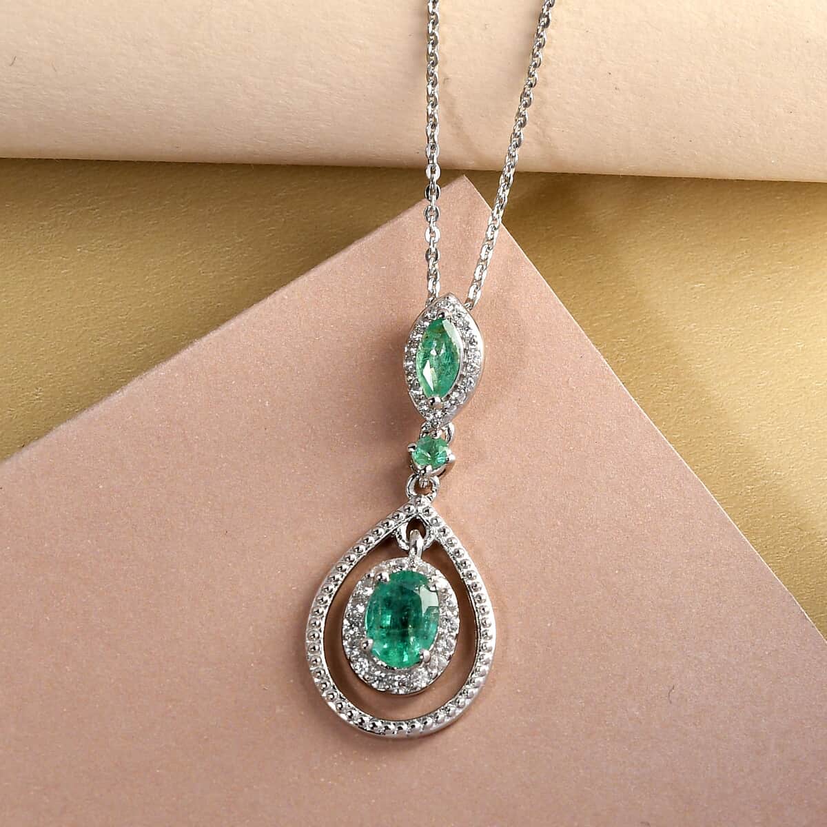 AAA Kagem Zambian Emerald and Natural White Zircon Pendant Necklace 20 Inches in Platinum Over Sterling Silver 1.25 ctw image number 1