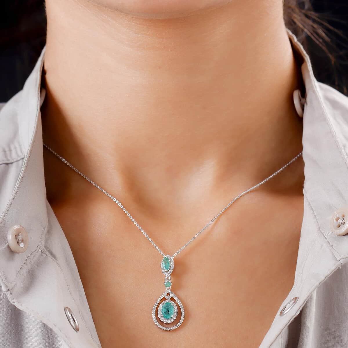 AAA Kagem Zambian Emerald and Natural White Zircon Pendant Necklace 20 Inches in Platinum Over Sterling Silver 1.25 ctw image number 2