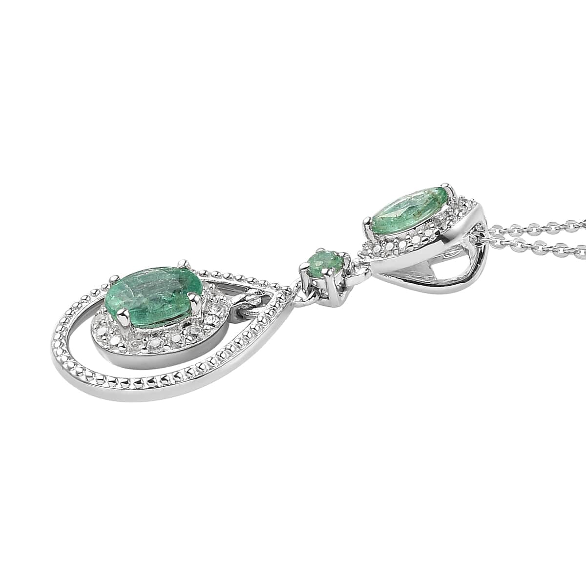 AAA Kagem Zambian Emerald and Natural White Zircon Pendant Necklace 20 Inches in Platinum Over Sterling Silver 1.25 ctw image number 3