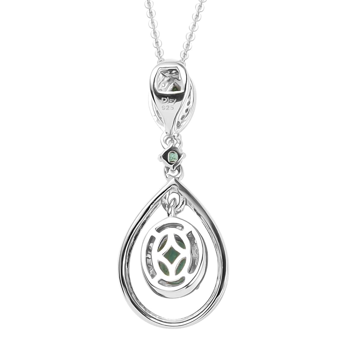 AAA Kagem Zambian Emerald and Natural White Zircon Pendant Necklace 20 Inches in Platinum Over Sterling Silver 1.25 ctw image number 4