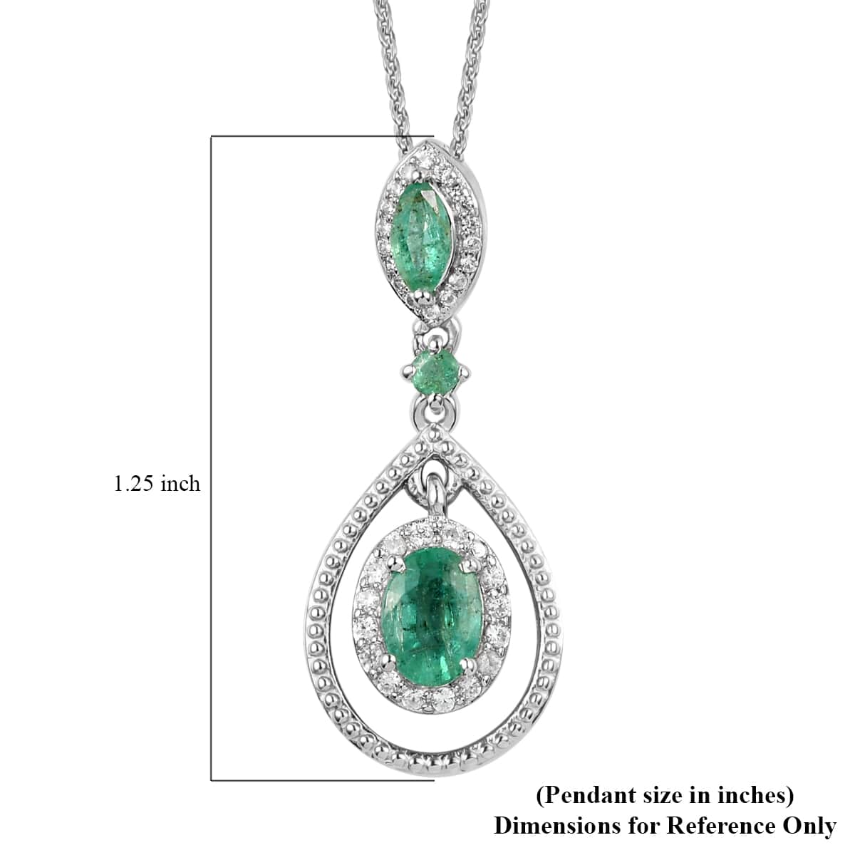 AAA Kagem Zambian Emerald and Natural White Zircon Pendant Necklace 20 Inches in Platinum Over Sterling Silver 1.25 ctw image number 5