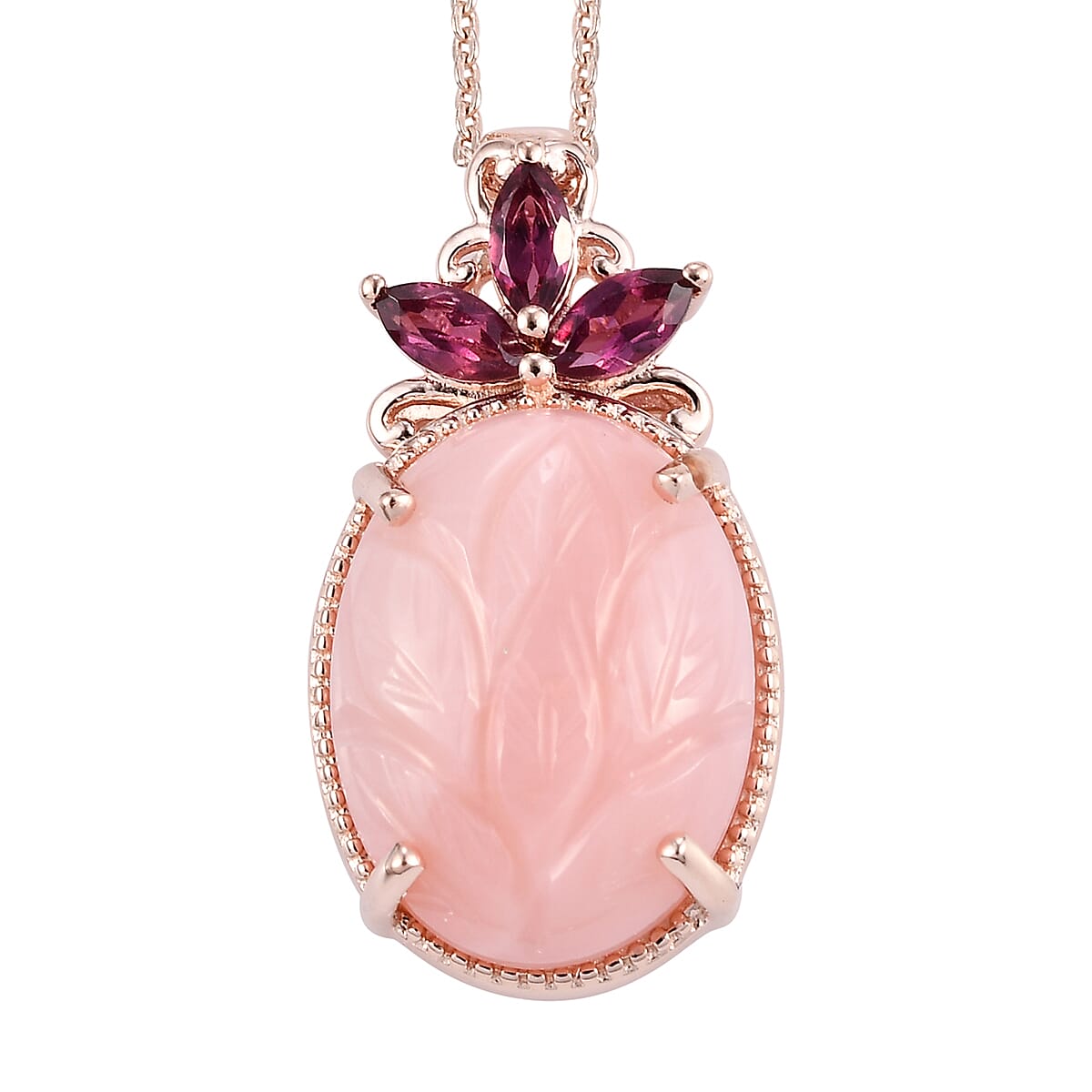 Peruvian Pink Opal Carved and Orissa Rhodolite Garnet Solitaire Pendant Necklace 20 Inches in Vermeil Rose Gold Over Sterling Silver 7.90 ctw