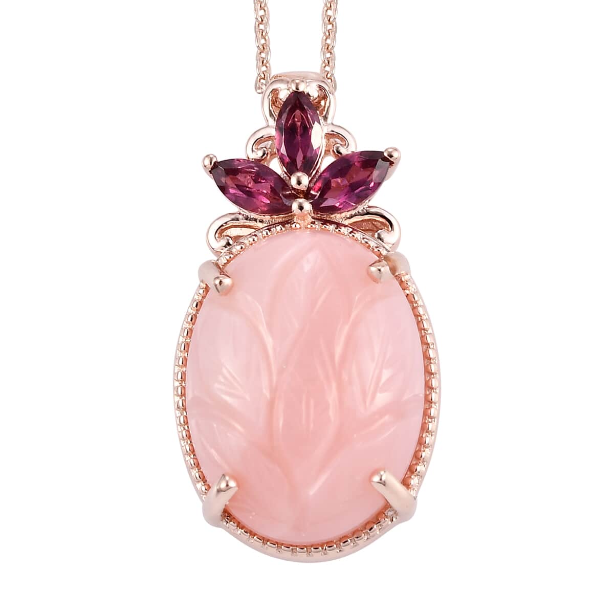 Peruvian Pink Opal Carved and Orissa Rhodolite Garnet Solitaire Pendant Necklace 20 Inches in Vermeil Rose Gold Over Sterling Silver 7.90 ctw image number 0