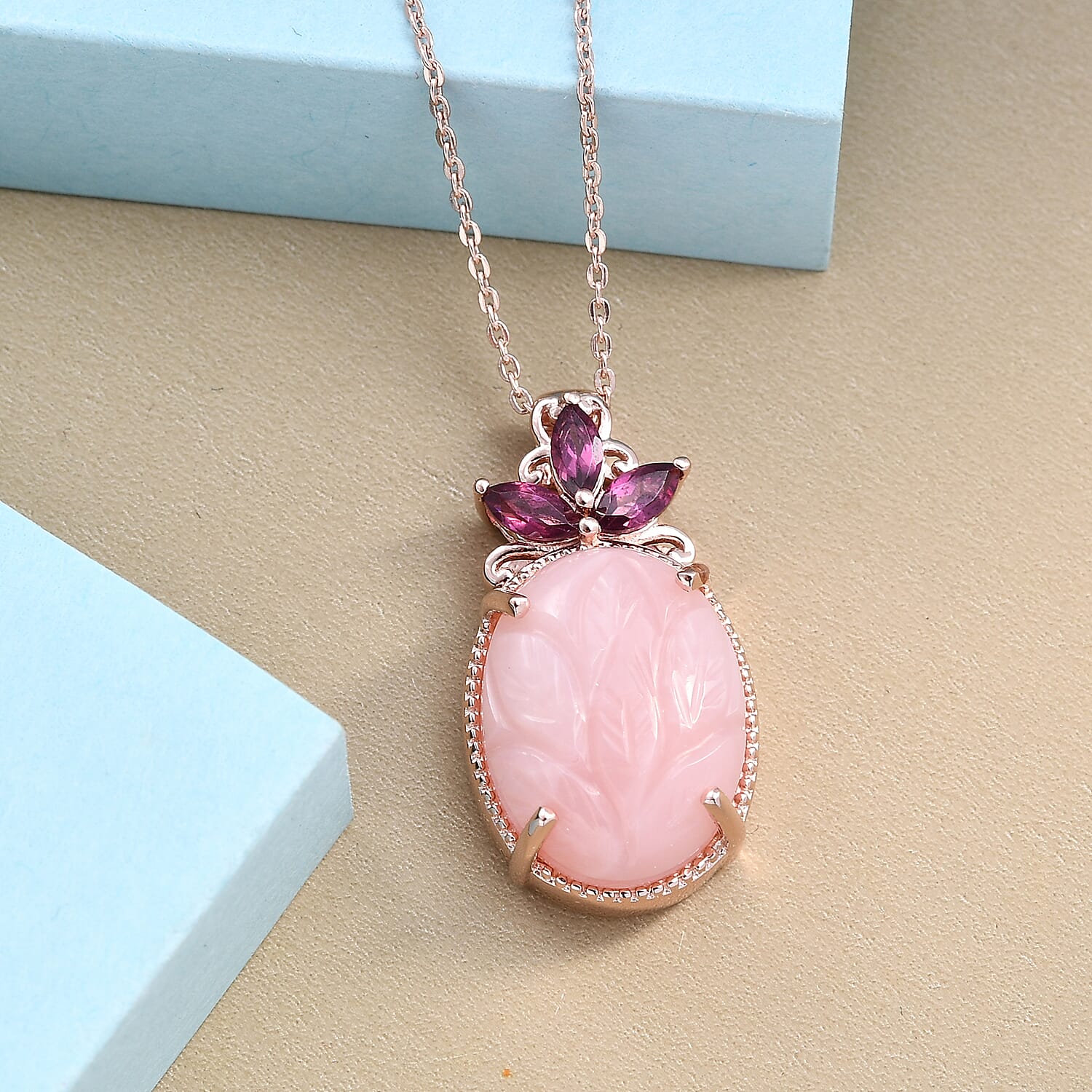 Peruvian Pink Opal Carved and Orissa Rhodolite Garnet Solitaire Pendant Necklace 20 Inches in Vermeil Rose Gold Over Sterling Silver 7.90 ctw