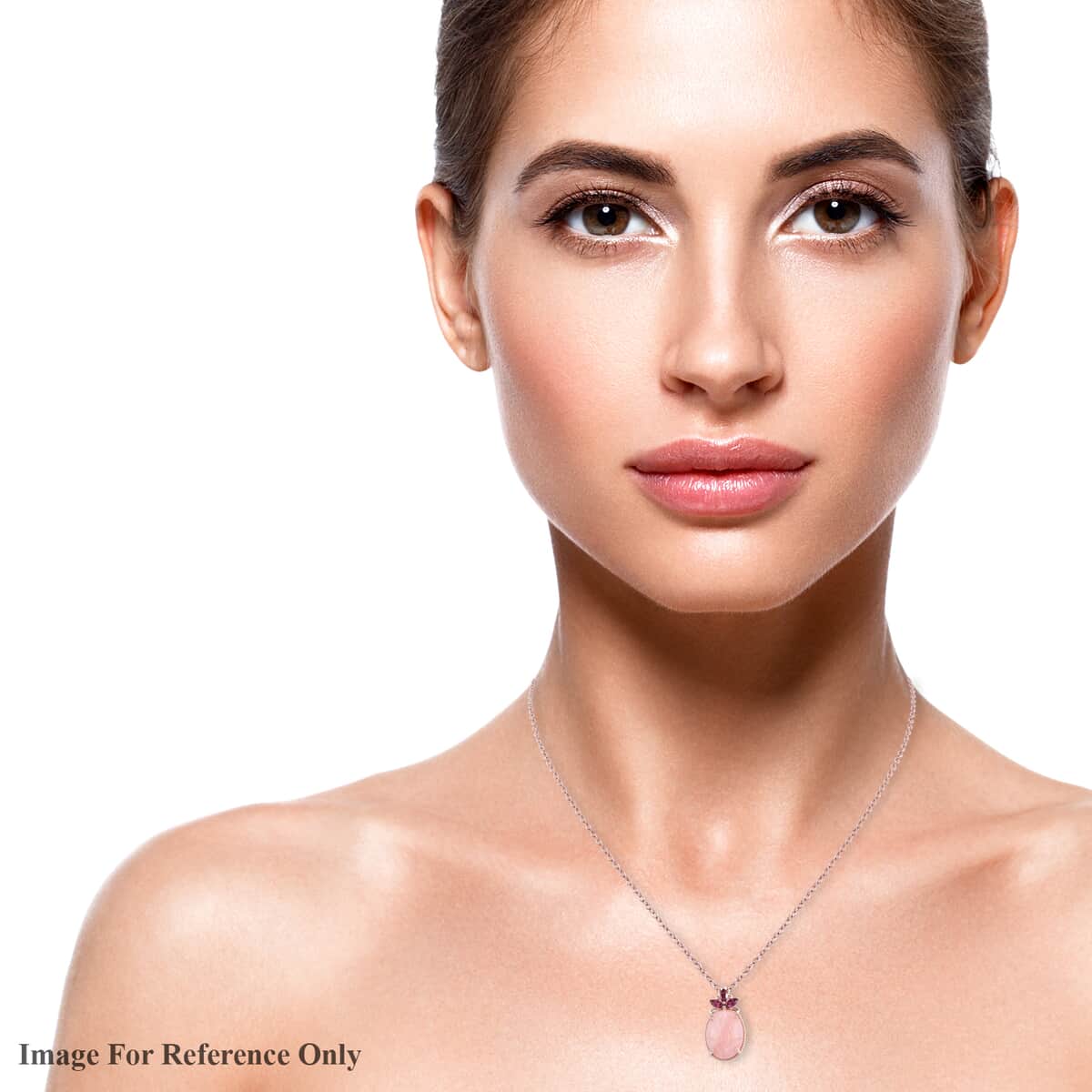 Peruvian Pink Opal Carved and Orissa Rhodolite Garnet Solitaire Pendant Necklace 20 Inches in Vermeil Rose Gold Over Sterling Silver 7.90 ctw image number 2