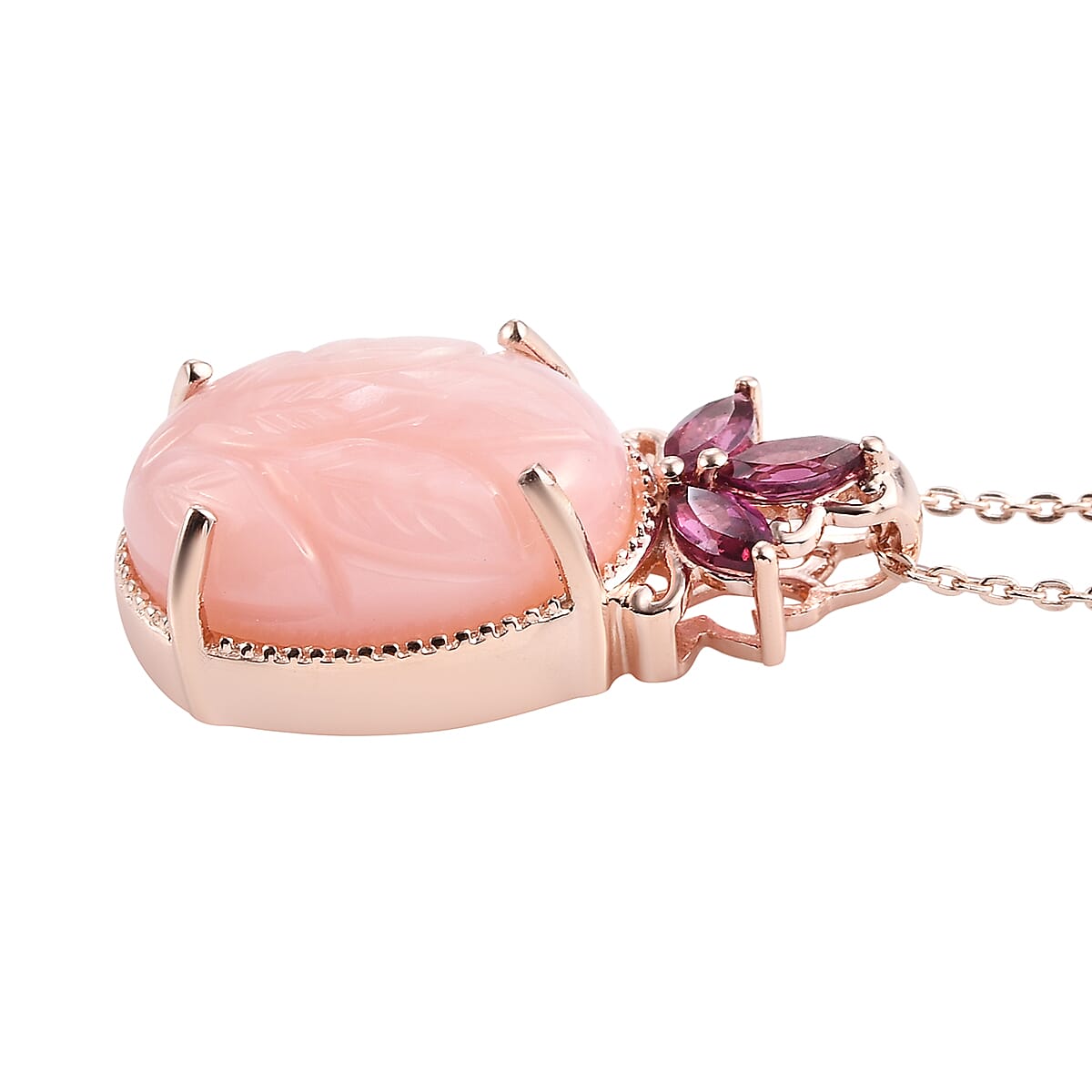 Peruvian Pink Opal Carved and Orissa Rhodolite Garnet Solitaire Pendant Necklace 20 Inches in Vermeil Rose Gold Over Sterling Silver 7.90 ctw
