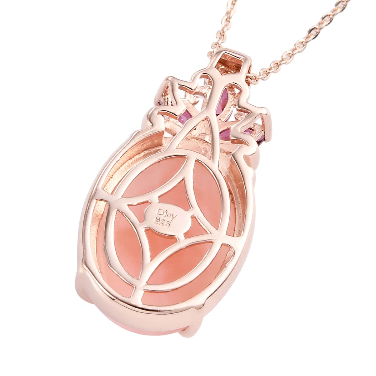 Peruvian Pink Opal Carved and Orissa Rhodolite Garnet Solitaire Pendant Necklace 20 Inches in Vermeil Rose Gold Over Sterling Silver 7.90 ctw image number 4